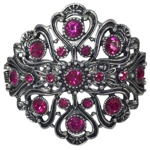 Large Filigree Dark Pink Rhinestone Silver Chunky Hinged Bangle Bracelet